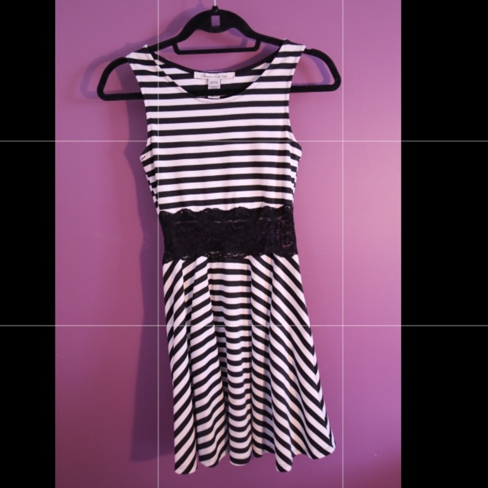 Black and White Stripe Mini Flare Dress w/ Lace